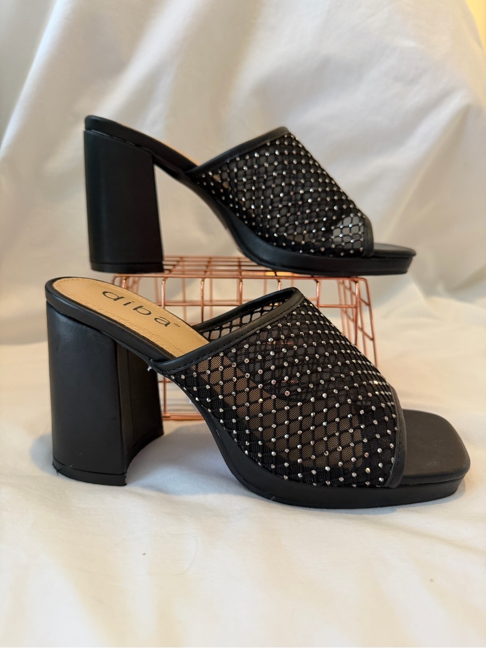 Diba Black Mesh Rhinestone Block Heel Mules